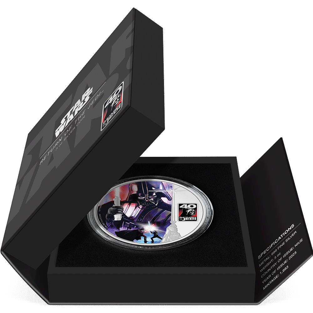 Star Wars™ Return of the Jedi 40th Anniversary 3oz Silver Coin  Featuring Book-style Packaging With Custom Velvet Insert to House the Coin.