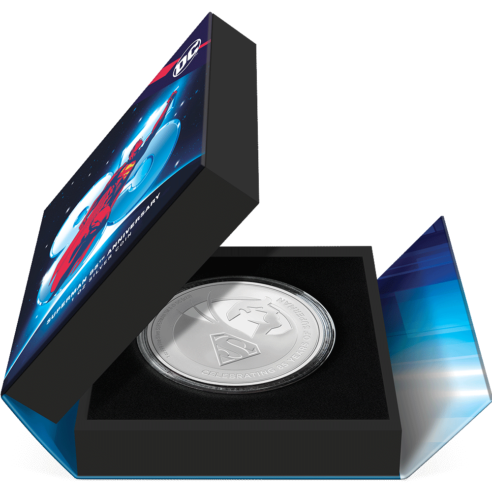 SUPERMAN™ 85th Anniversary 1oz Silver Coin Featuring  Book-style Packaging with Coin Insert and Certificate of Authenticity Sticker.