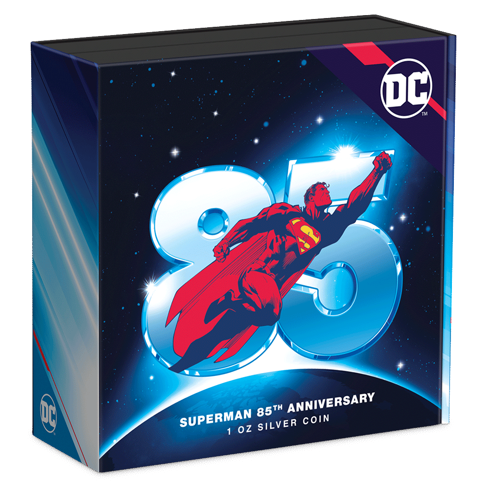 SUPERMAN™ 85th Anniversary 1oz Silver Coin Featuring Custom Book-style Display Box With Brand Imagery.