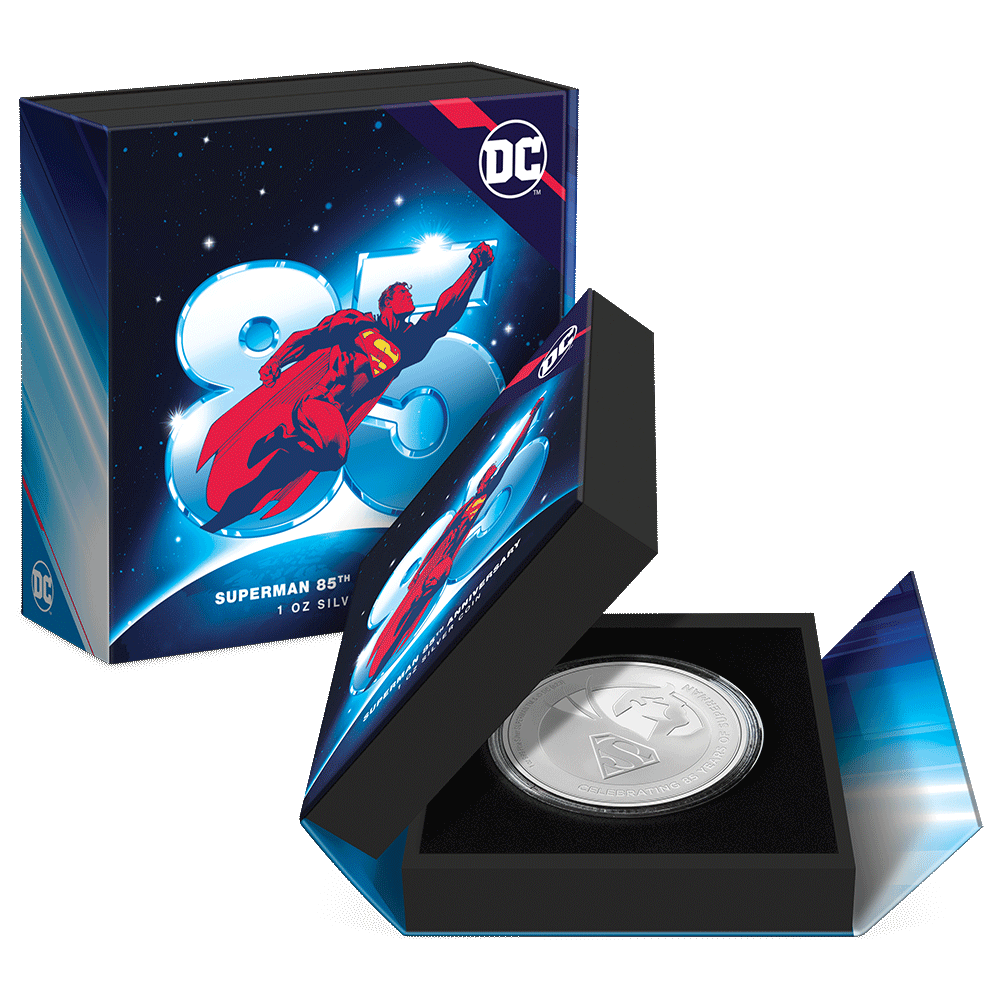 SUPERMAN™ 85th Anniversary 1oz Silver Coin Featuring with Custom Book-Style Packaging and Specifications. 