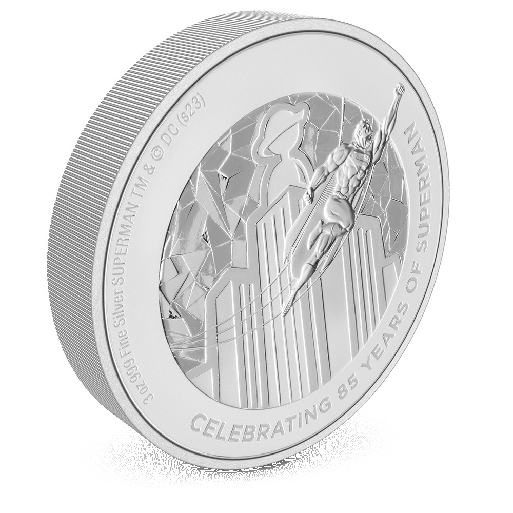 SUPERMAN™ 85th Anniversary 3oz Silver Coin with Milled Edge Finish.