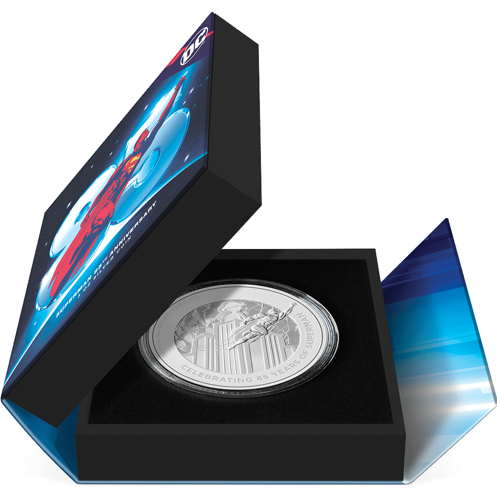 SUPERMAN™ 85th Anniversary 3oz Silver Coin Featuring  Book-style Packaging with Coin Insert and Certificate of Authenticity Sticker.