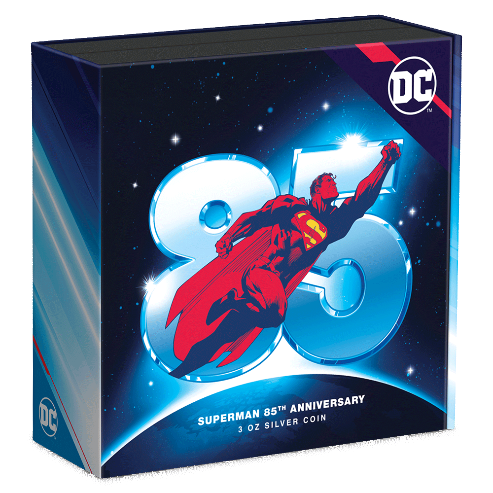 SUPERMAN™ 85th Anniversary 3oz Silver Coin Featuring Custom Book-style Display Box With Brand Imagery.