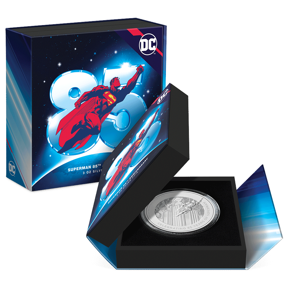 SUPERMAN™ 85th Anniversary 3oz Silver Coin Featuring with Custom Book-Style Packaging and Specifications. 