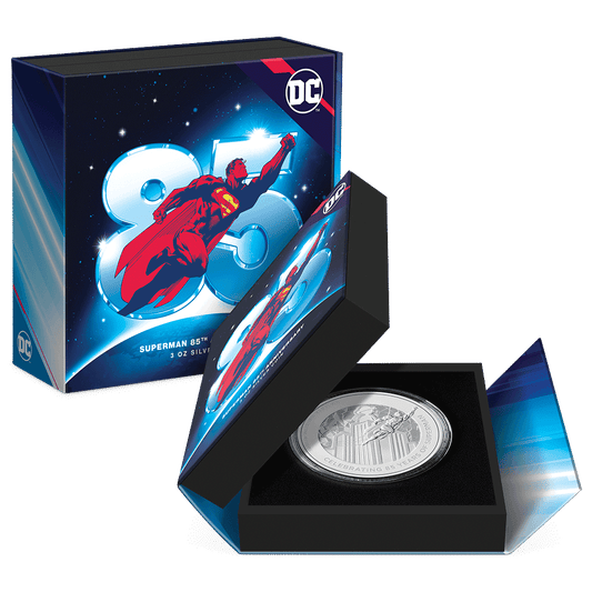 SUPERMAN™ 85th Anniversary 3oz Silver Coin Featuring with Custom Book-Style Packaging and Specifications. 