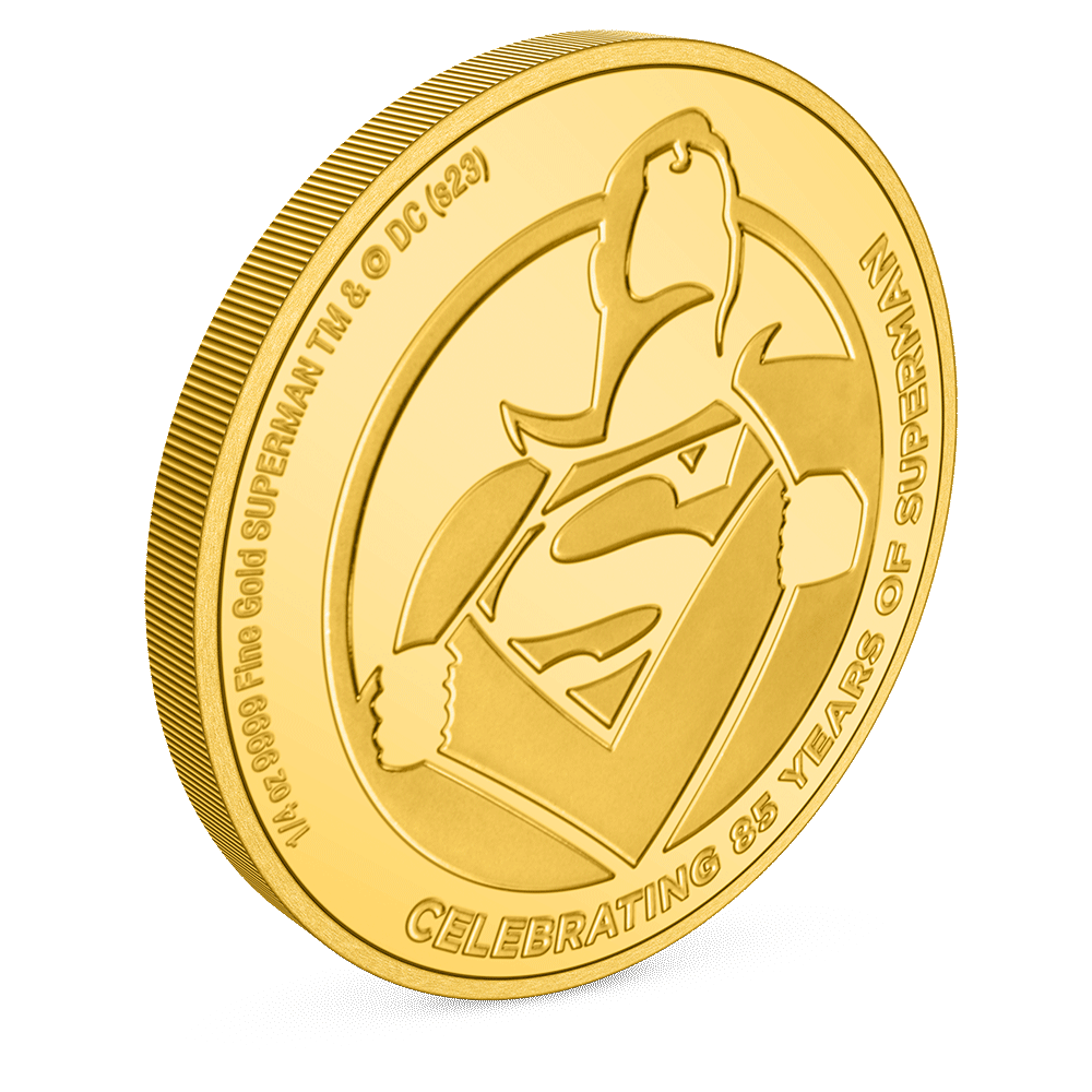 SUPERMAN™ 85th Anniversary 1/4oz Gold Coin with Milled Edge Finish.