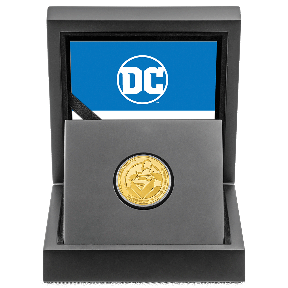 SUPERMAN™ 85th Anniversary 1/4oz Gold Coin With Custom Designed Wooden Box with Display Ledge.