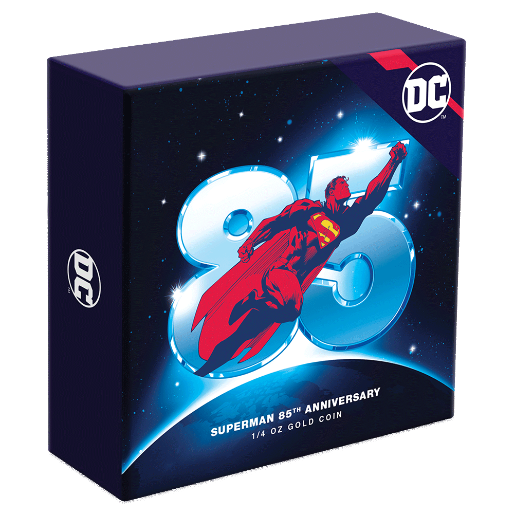 SUPERMAN™ 85th Anniversary 1/4oz Gold Coin Featuring Custom-Designed Outer Box With Brand Imagery.