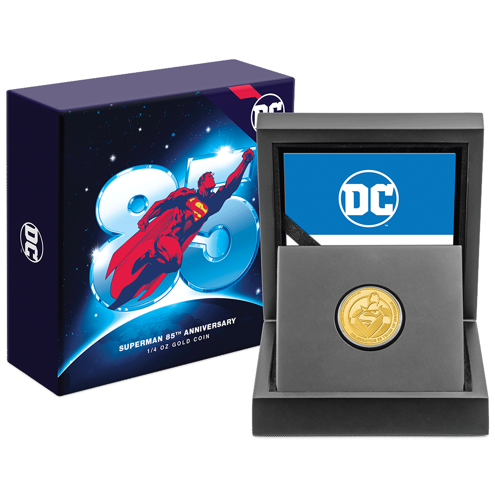 SUPERMAN™ 85th Anniversary 1/4oz Gold Coin with Custom-Designed Wooden Box with Certificate Holder and Viewing Insert. 